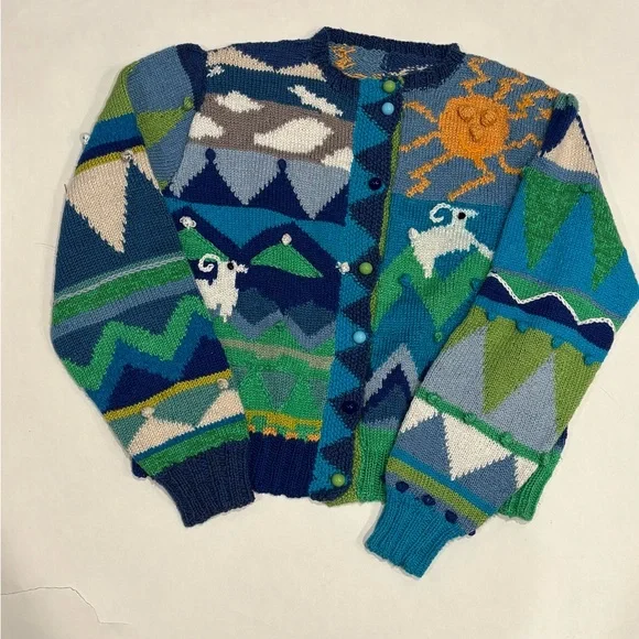 Colorful Hand-Knit Mountain & Sheep Cardigan - Blue/Green Palette - Picture 1 of 7